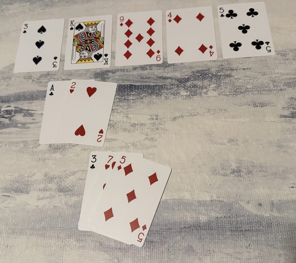 Five hole cards and five board cards; two hole cards combine with three board cards to make a hand in flop games.