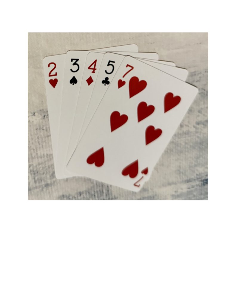 Five cards showing the best possible hand in 2-7 Triple Draw poker game.