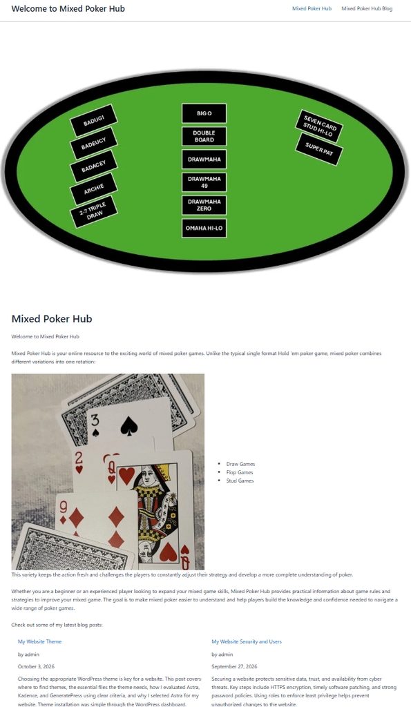 Screenshot of the Mixed Poker Hub website homepage built with the Astra theme, featuring a green poker table graphic on the top and a photo of a sample seven card stud hi-lo hand in the middle.